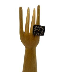 New Artisan Handmade Hand painted Black Square Wood Ring Gold Scroll Boho